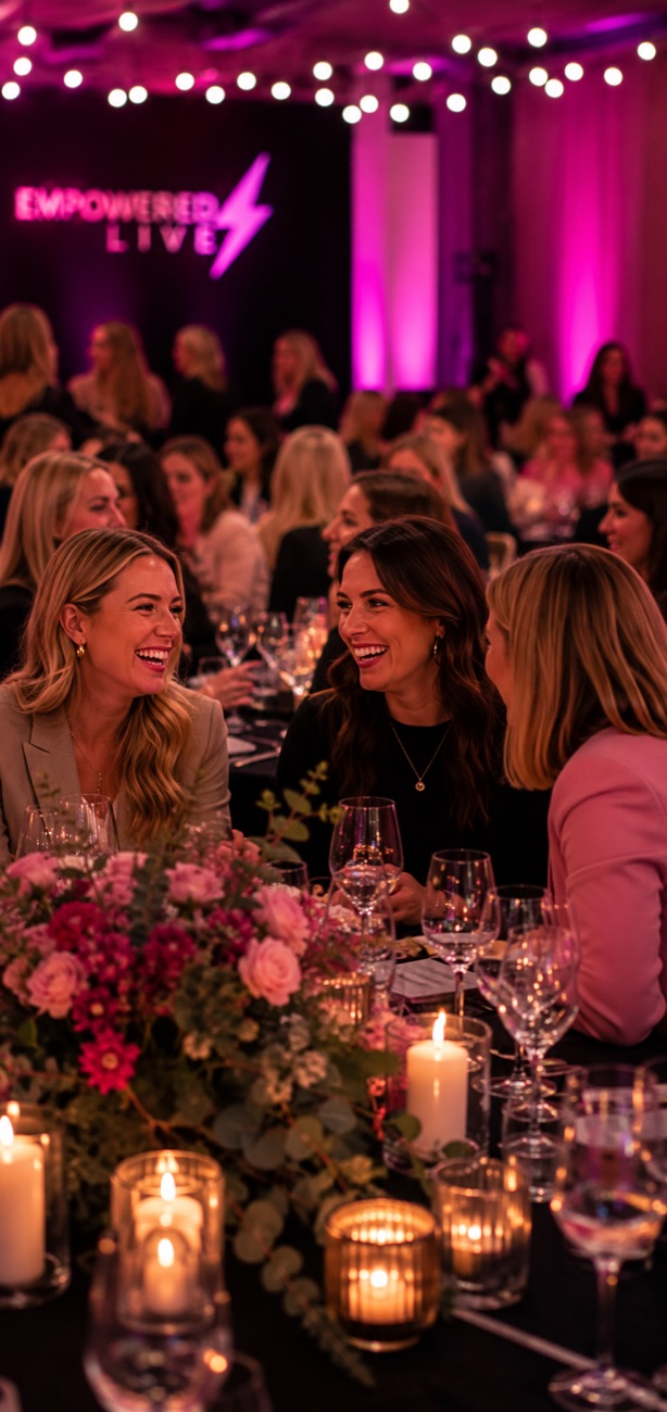 Women laughing together at a candlelit table